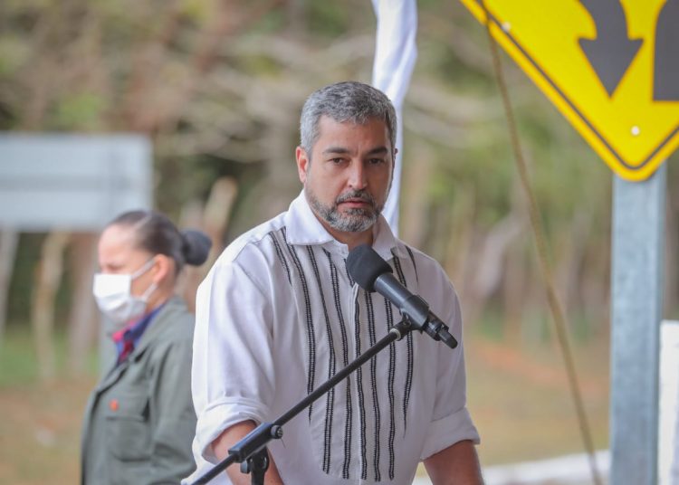 Mario Abdo Benítez, presidente da República durante sua visita a Guairá. Foto: Presidência/Divulgação