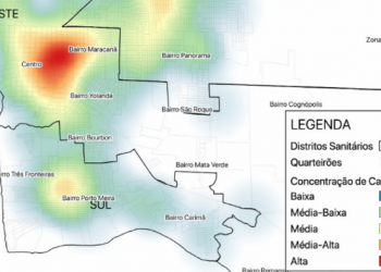 A área em vermelho aponta os bairros da cidade mais atingidos.