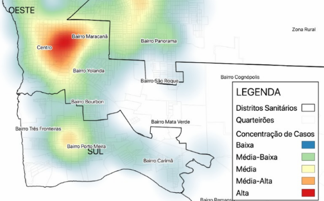 A área em vermelho aponta os bairros da cidade mais atingidos.
