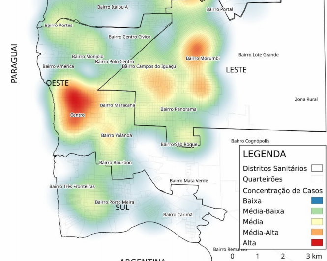 Mapa de calor divulgado hoje (30) mostra o centro da cidade como o mais atingido pelo novo vírus