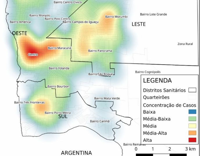 Mapa de calor mostra que o centro da cidade tem a maior concentração dos casos de Covid-19