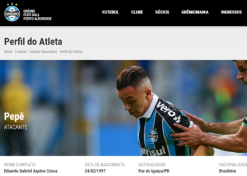 Reprodução do site oficial do Grêmio