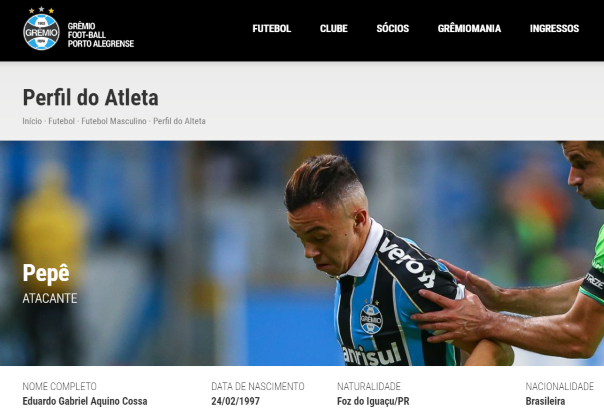 Reprodução do site oficial do Grêmio