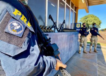 Fila de armas apreendidas. Foto: PRF/Divulgação