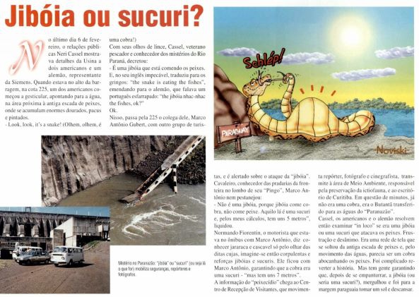 Reprodução da página do jornal com ilustração de Noviski e as fotos onde o "bicho" estava devorando peixes e a mobilização de repórteres, fotógrafos e a segurança da Itaipu