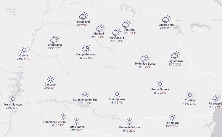 Veja acima como fica o tempo em todo o Paraná, segundo a ilustração do Simepar