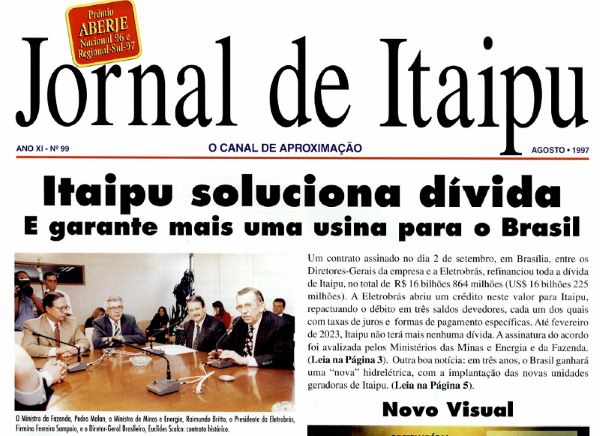 Capa do Jornal da Itaipu, edição de agosto de 1997, em que foi anunciada a renegociação da dívida da usina