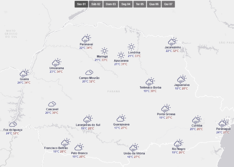 Grafico do Simepar divulgado nesta sexta-feira mostra a situação do tempo em todo o Paraná