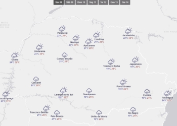 Panorama do tempo em todo o Paraná nesta sexta-feira, segundo gráfico do Simepar