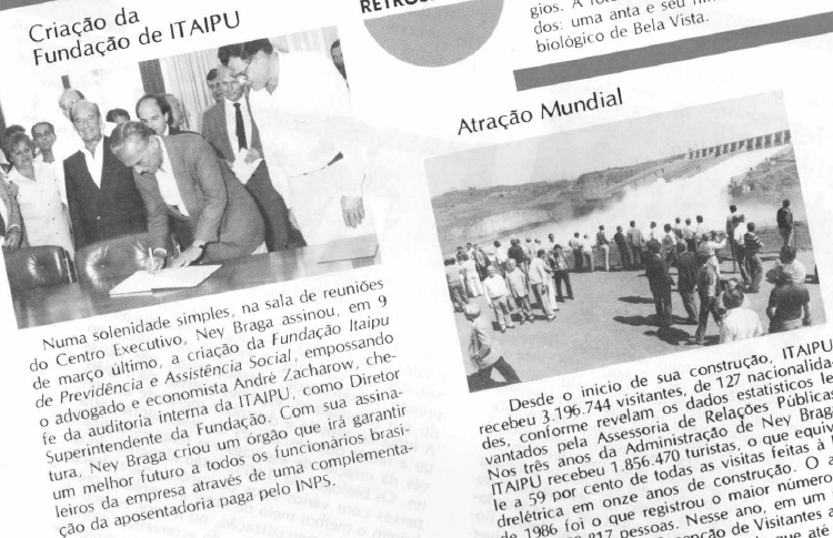 Solenidade de criação da Fundação Itaipu de Previdência e Assistência Social (FIBRA), no dia 9 de março de 1988. Foto: cópia da publicação do jornal Canal de Aproximação da Itaipu Binacional